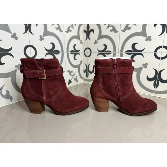 Diba Women’s Maroon Faux Suede Heeled Boots w/ Buckle Size 5 New - Picture 3 of 7